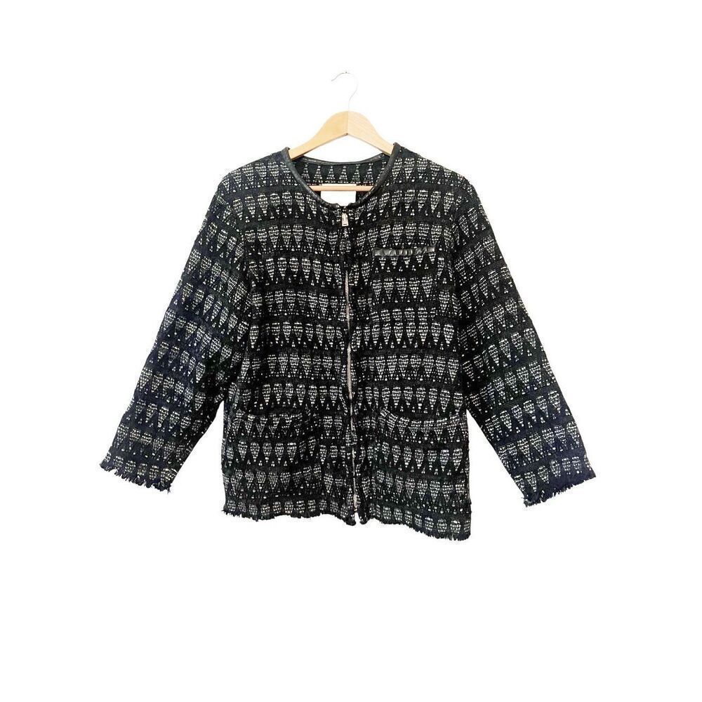 IRO Overland Black Silver Tweed Full Zip Jacket Leather Trim Size 1 Small Medium